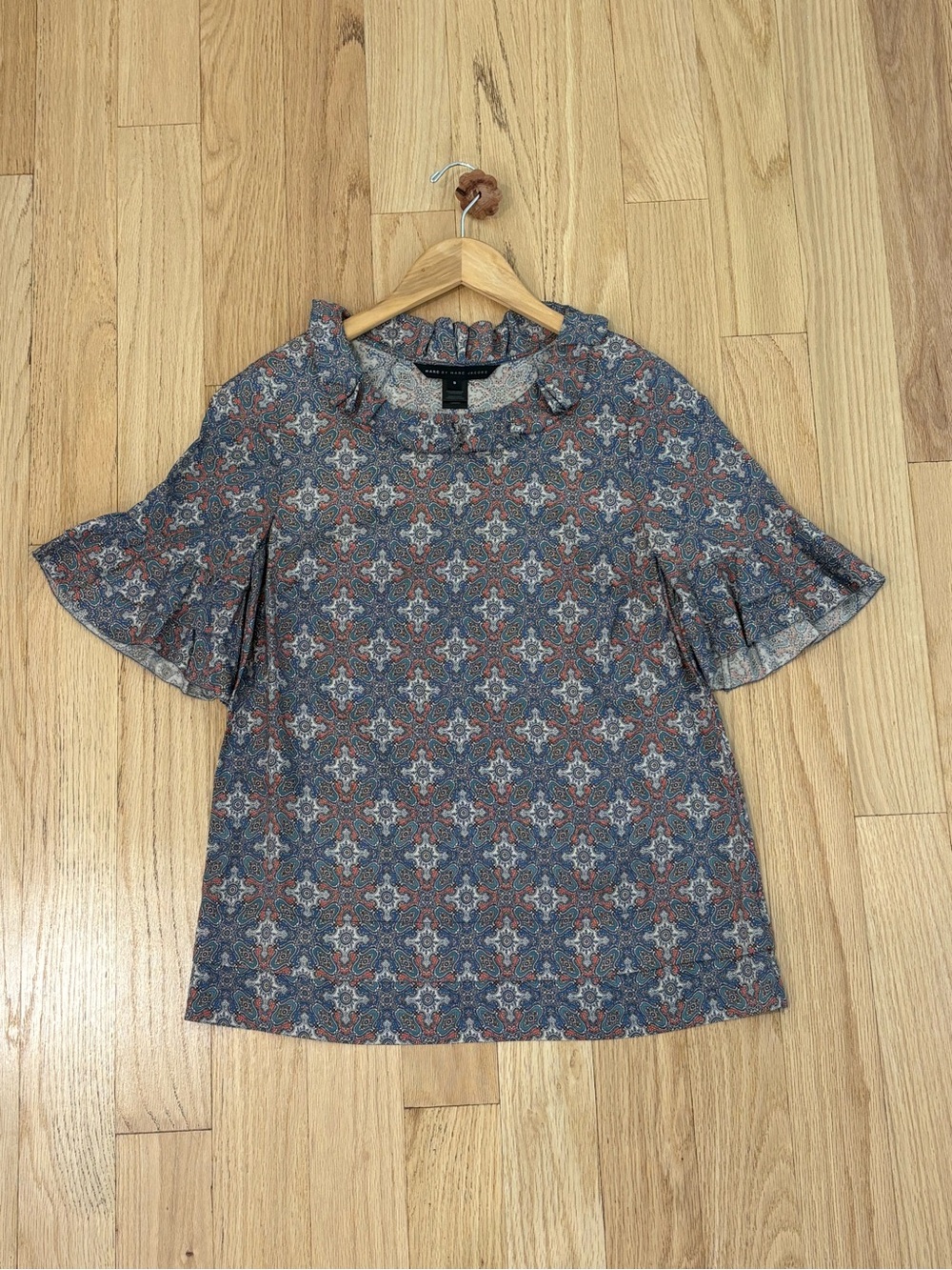 Vintage Marc Jacobs Blue and Rust Medallion Ruffle-Neck Silk Blouse